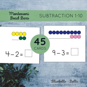Resta de cuentas Montessori del 1 al 10. Matemáticas para jardín de infantes imprimibles. Hojas de trabajo de primer grado.