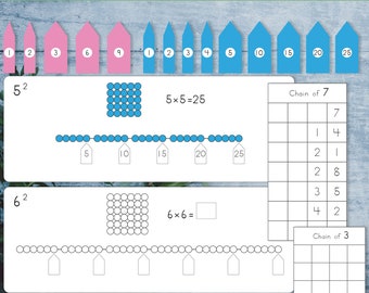 Montessori Square Chain afdrukbare labels, controlediagrammen en werkbladen.