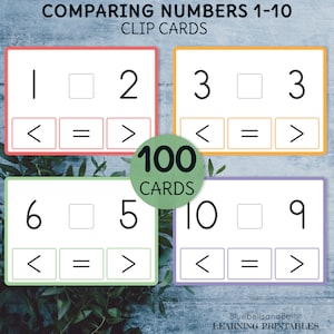 Puede incluir: Un conjunto de 100 tarjetas de clip imprimibles para comparar números del 1 al 10. Cada tarjeta presenta dos números y tres opciones: menor que, igual que o mayor que. Las tarjetas están codificadas por colores y tienen un diseño simple.