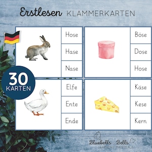May include: A set of 30 German language learning cards featuring illustrations of a rabbit, duck, box, and cheese. The cards are designed to help children learn to read and spell.