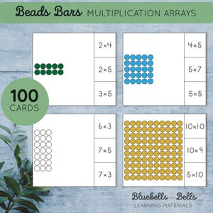 Tableaux de cartes à clipser pour multiplication de barres de perles Montessori. Maths à imprimer pour la maternelle et l'école primaire.