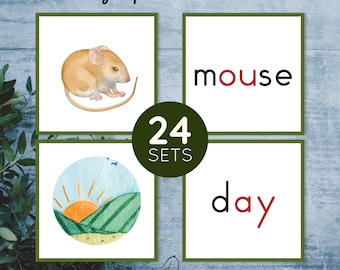 Montessori printable Green series Word and picture matching cards. Reading activity.
