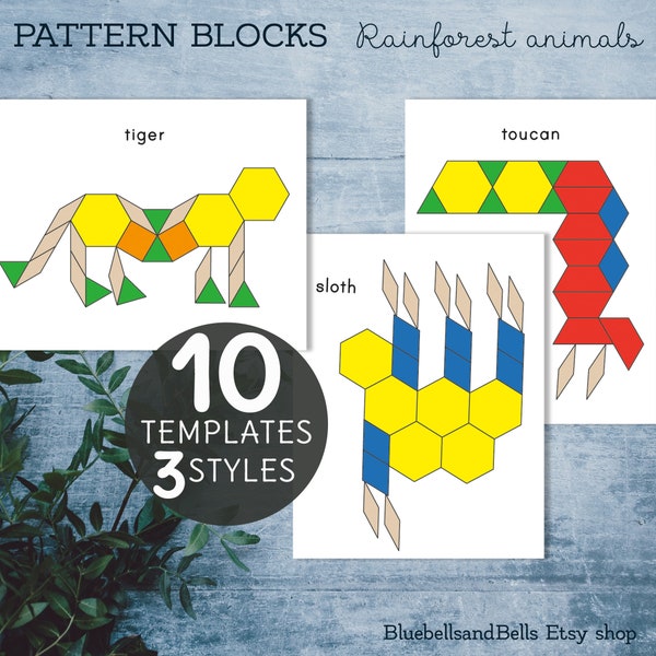 Rainforest animals pattern blocks. Preschool shape matching activity.