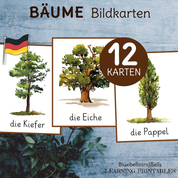 Bäume Bildkarten. Sprachmaterial Deutsch Lernkarten für Kinder.