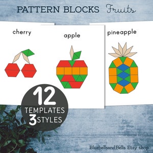 Fruits pattern blocks templates. Toddler shape matching activity.
