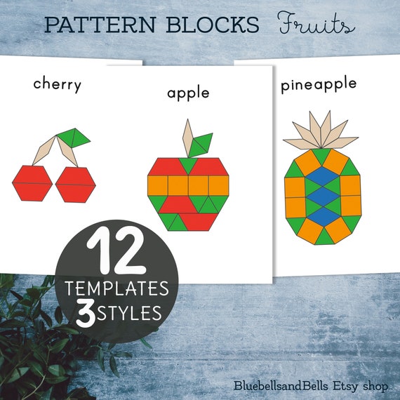Fruits pattern blocks templates. Toddler shape matching activity.