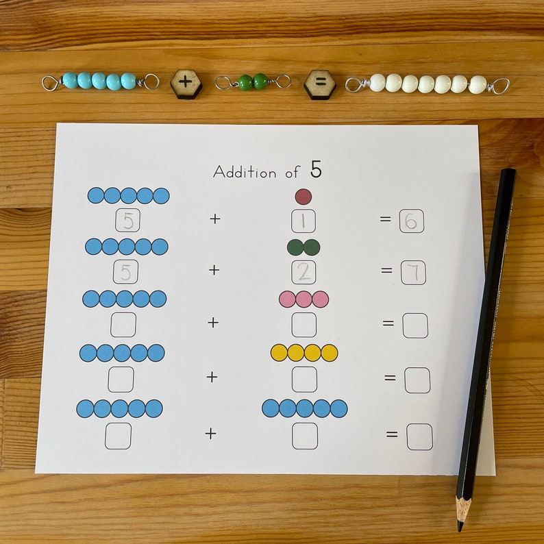 Montessori Bead Bars Addition to 10 Worksheets Sequential. Kindergarten ...