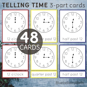 Decir la hora Tarjetas Montessori imprimibles de 3 partes.