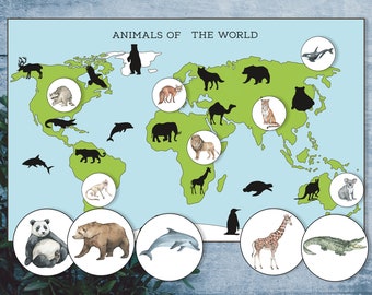 Animals of the continents shadow matching activity. Montessori printable. Animals world map kids game.