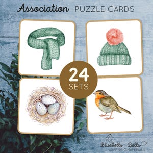 Könnte beinhalten: 24 Sets mit Assoziations-Puzzlekarten mit Aquarell-Illustrationen eines grünen Schals, einer grünen Mütze mit einem rosa Bommel, eines Vogelnests mit drei Eiern und eines Rotkehlchens.
