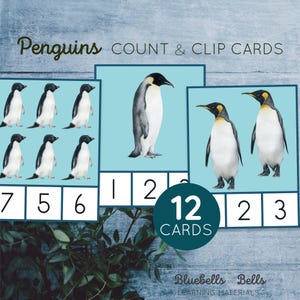 Afdrukbare pinguïn voor kleuterschool: tel- en klemkaarten 1-12. Wiskundige activiteit in de winter.