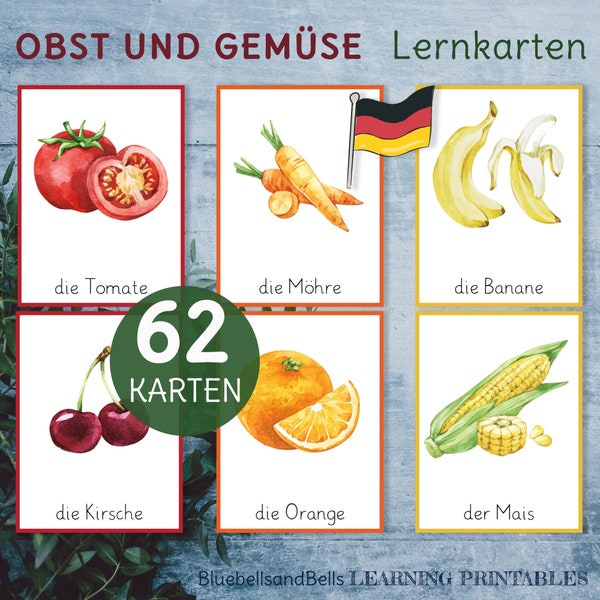 Obst Gemüse Bildkarten. Lernkarten Deutsche Sprache für Kleinkinder und Vorschule.