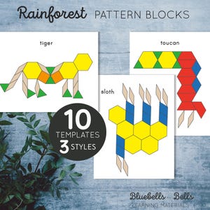 May include: Rainforest Pattern Blocks educational set featuring tiger, toucan, and sloth designs. The set includes 10 templates in 3 styles. The blocks are made of various shapes and colours, including yellow, green, orange, blue, and tan.