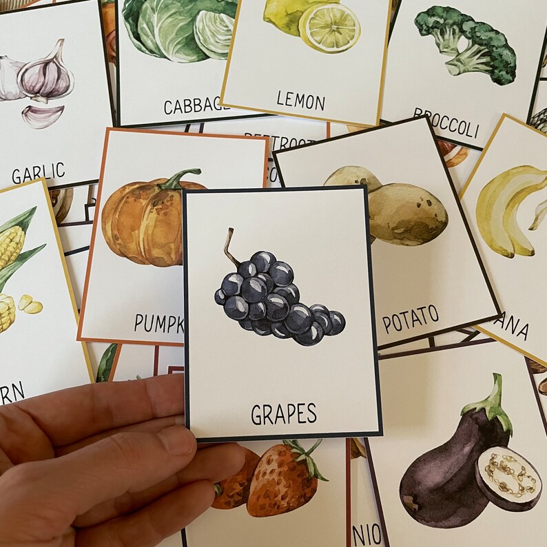 May include: A set of flashcards featuring illustrations of various fruits and vegetables. The cards are white with black borders and feature the name of the fruit or vegetable in black text. The cards are arranged in a random order, with some cards partially visible. The cards include images of a lemon, garlic, cabbage, pumpkin, grapes, potato, eggplant, banana, corn, and broccoli.