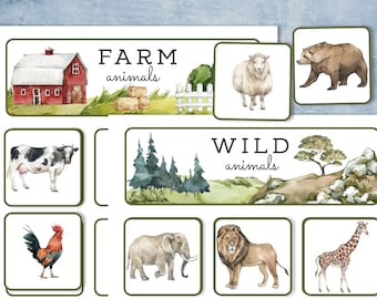 Animal sorting activity Farm and Wild. Montessori toddler and preschool printable.