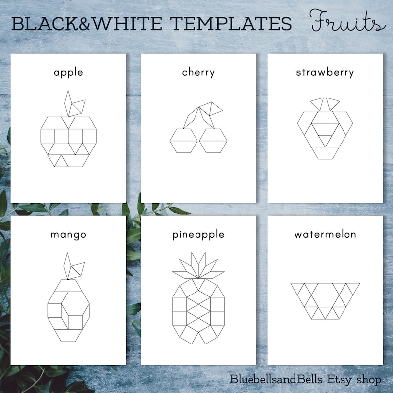 May include: Six black and white geometric illustrations of fruits: apple, cherry, strawberry, mango, pineapple, and watermelon. The illustrations are on a white background with the name of each fruit written above it.