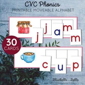 Alphabet mobiles Montessori imprimables et cartes assorties de mots CVC. Lettres de reconnaissance pour les enfants d'âge préscolaire. Activité maternelle de phonétique.