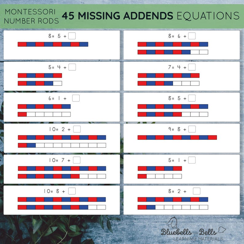 Montessori number rods Addition printable. Missing addend equation worksheets. Subtraction to ten 1st grade and Kindergarten math printable. image 2