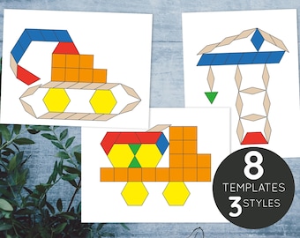 Bouwpatroon blokkeert sjablonen. Afdrukbare activiteit met bijpassende vormen.