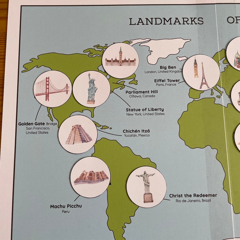 Landmarks of the World Map Matching Activity. Montessori Printable ...