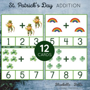 Tarjetas con clips para imprimir Montessori para el Día de San Patricio: suma del 0 al 10. Actividad de matemática de primavera para preescolar y jardín de infantes.