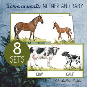 Cartões de correspondência de animais de fazenda de mãe e bebê e flash cards. Imprimível de primavera Montessori. Atividade de correspondência para crianças pequenas e pré-escolares.