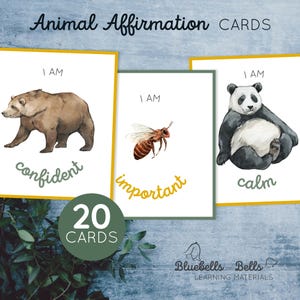Animal positive affirmations cards. Watercolor kids printable cards.