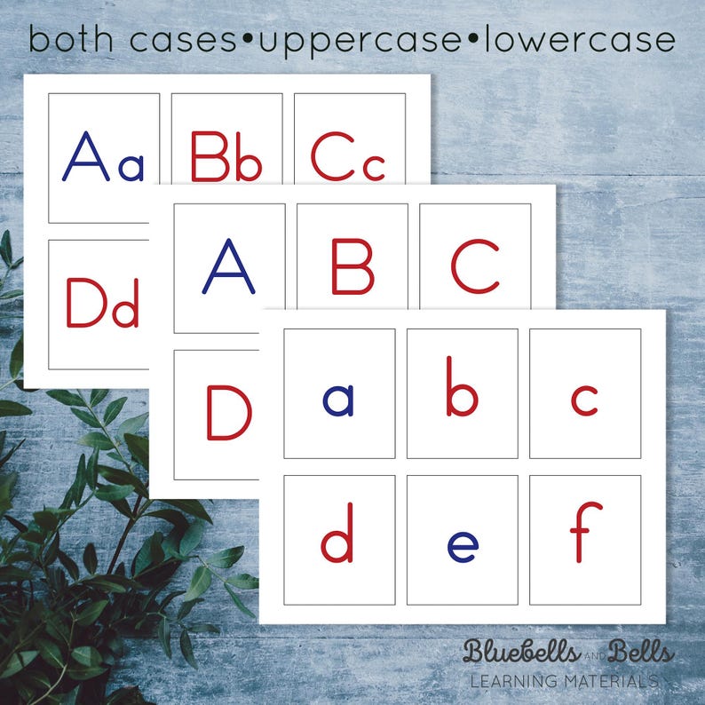 May include: Printable alphabet cards with uppercase and lowercase letters in red and blue. The cards are arranged in three rows, with the first row showing Aa, Bb, and Cc, the second row showing Dd, A, B, and C, and the third row showing D, a, b, c, d, e, and f.