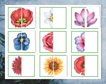 Montessori spring flower puzzle. Toddler matching halves activity. Preschool spring printable.
