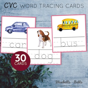 Cartes de recherche de mots CVC. Exercices d'écriture Montessori à imprimer pour le préscolaire et la maternelle.