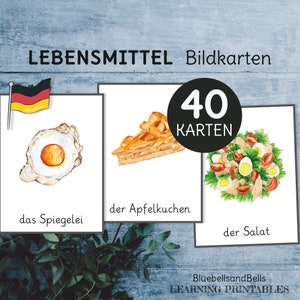 Lebensmittel Bildkarten. Wortschatz Deutsche Sprache Lernkarten.