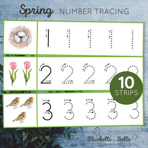 Spring printable number tracing strips. Spring preschool and kindergarten handwriting activity.