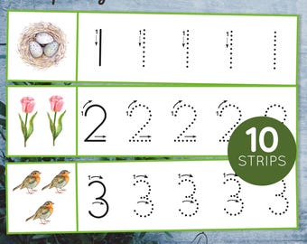 Met lente bedrukbare nummertraceerstrips. Handschriftactiviteit in de lente voorschoolse en kleuterschool.