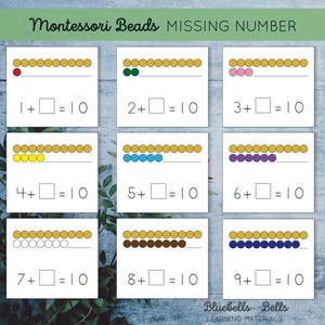 May include: Montessori beads math activity worksheet with missing number problems.  Each problem shows a row of ten gold beads with a different color of beads representing the first number in the addition problem.  The problems are 1 + _ = 10, 2 + _ = 10, 3 + _ = 10, 4 + _ = 10, 5 + _ = 10, 6 + _ = 10, 7 + _ = 10, 8 + _ = 10, and 9 + _ = 10.