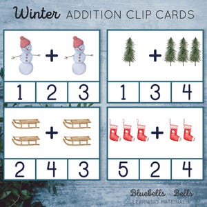 Montessori winterafdrukbare clipkaarten. Kerst-wiskundeactiviteit voor kleuters en kleuters.
