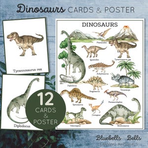 Cartões e pôster de dinossauro. Aquarela para crianças pequenas imprimível. Cartões de memória de dinossauros pré-escolares.