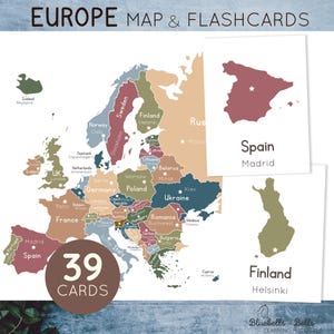 Op de afbeelding: Een kleurrijke kaart van Europa met landnamen en hoofdsteden, plus flashcards om te leren. De afbeelding bevat een kaart met de vorm van Spanje en Finland. De tekst op de afbeelding luidt "39 kaarten".