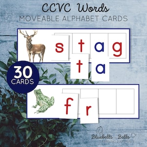 Cartões de correspondência de letras e palavras CCVC para impressão Montessori, alfabeto móvel. Série azul, misturas iniciais para pré-escola e jardim de infância.