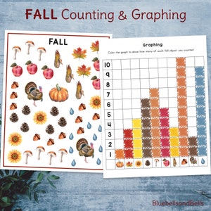 Fall preschool printable graphing worksheets. Montessori math activity.
