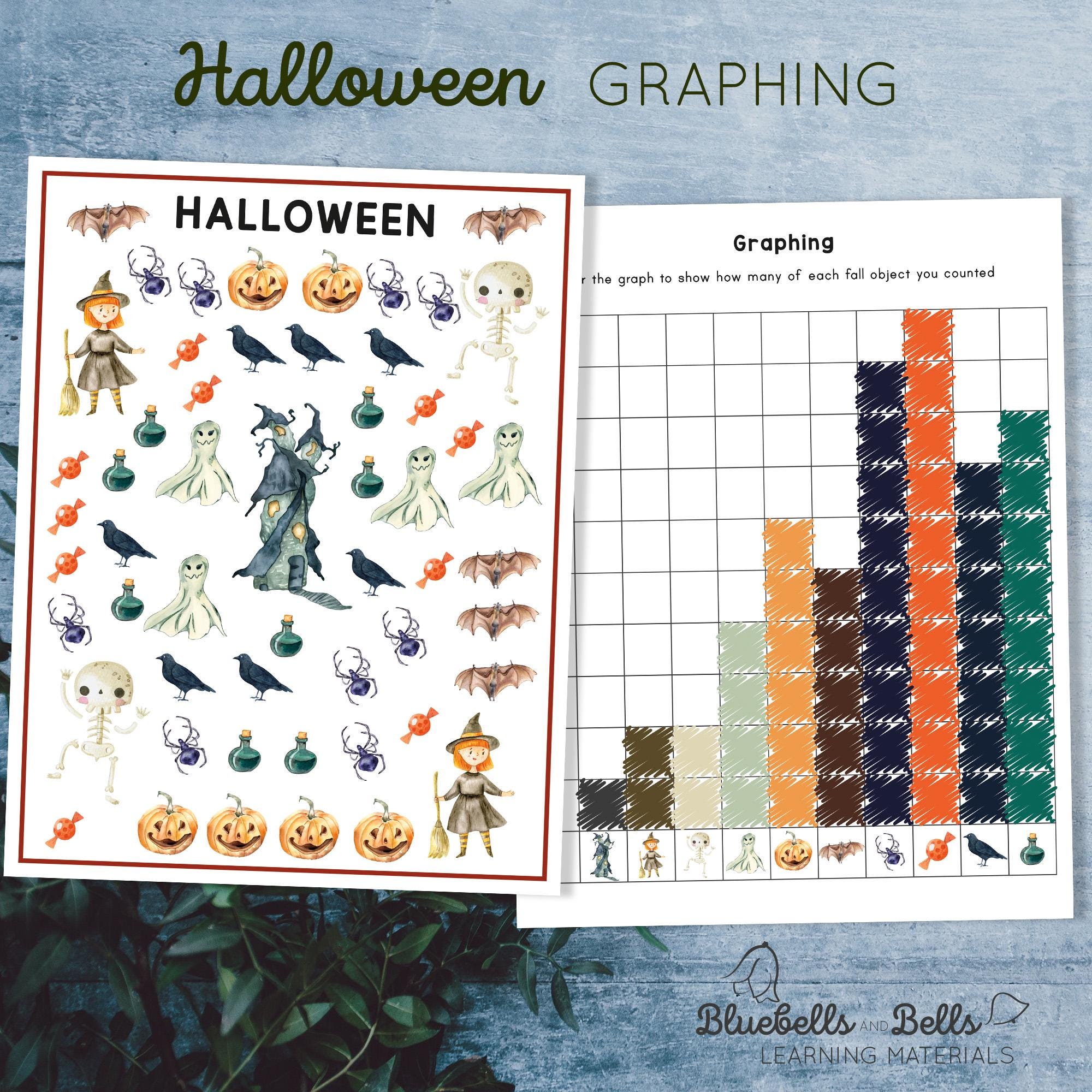 Hojas de trabajo imprimibles de gráficos de Halloween para preescolar.  Actividad de matemáticas Montessori de otoño \, image size:2000x2000