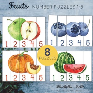 Könnte beinhalten: Acht druckbare Zahlenpuzzles mit Aquarell-Illustrationen von Früchten. Die Puzzles beinhalten einen Apfel, Blaubeeren, einen Kürbis und eine Wassermelone. Jedes Puzzle hat fünf Teile, die von 1 bis 5 nummeriert sind.