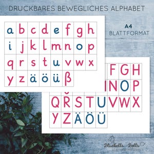 May include: Printable movable alphabet in German. Two sheets of paper with a grid of letters in pink and blue. The letters are in lowercase and include the German umlauts. The text "DRUCKBARES BEWEGLICHES ALPHABET" and "A4 BLATTFORMAT" is at the top of the sheets.