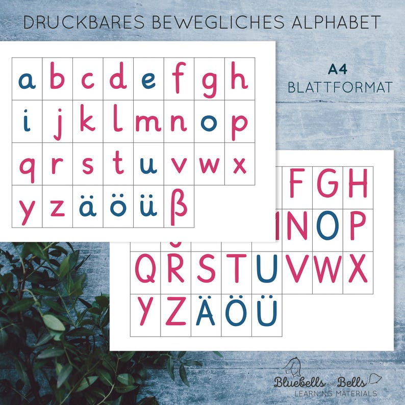 May include: Printable movable alphabet in German. Two sheets of paper with a grid of letters in pink and blue. The letters are in lowercase and include the German umlauts. The text "DRUCKBARES BEWEGLICHES ALPHABET" and "A4 BLATTFORMAT" is at the top of the sheets.