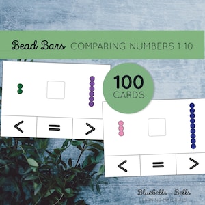 Barres de perles Montessori Comparaison des nombres jusqu'à dix. Plus que, moins que, égal à des cartes à clip. Mathématiques imprimables pour le préscolaire et la maternelle.