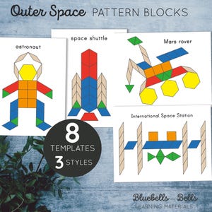 Outer space pattern blocks templates. Solar system preschool and kindergarten STEM matching activity.