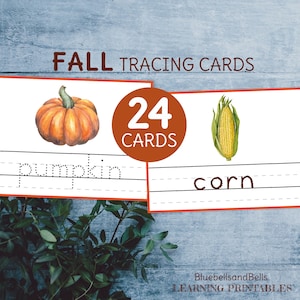 Tarjetas con palabras para trazar sobre el otoño. Hojas de trabajo de escritura a mano para jardín de infantes y preescolar.