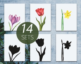 Flower printable shadow matching cards. Montessori spring preschool. Toddler nature cards.