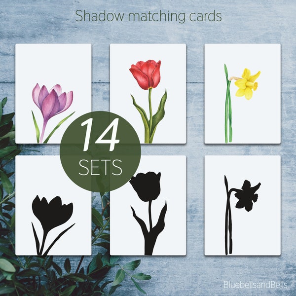 Flower printable shadow matching cards. Montessori spring preschool. Toddler nature cards.