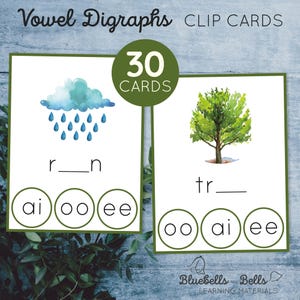 Digraphs Clipkärtchen Vokale. Montessori Green Series Phonics zum Ausdrucken.