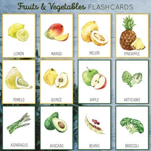 May include: A set of 12 watercolor flashcards featuring fruits and vegetables. Each card has a colorful illustration of a different fruit or vegetable, with the name printed below. The cards are arranged in a grid of four rows and three columns.